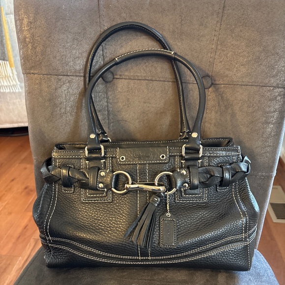 Vintage Coach Black Leather Hampton Braided Accent Satchel Handbag - Picture 1 of 7